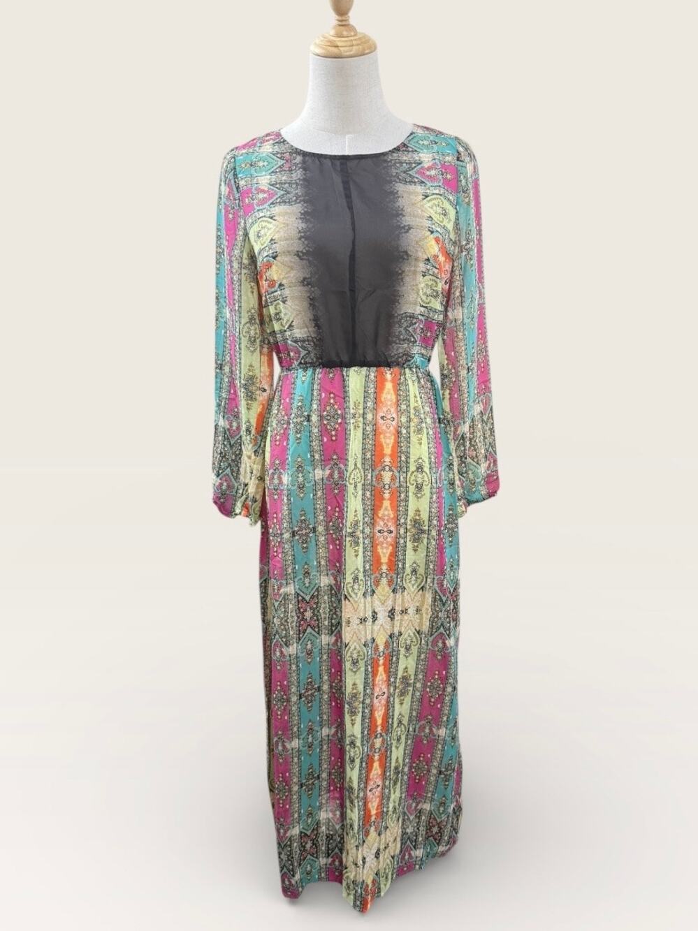 Petticoat Alley Colorful Patterned Long Sheer Dress, Size S